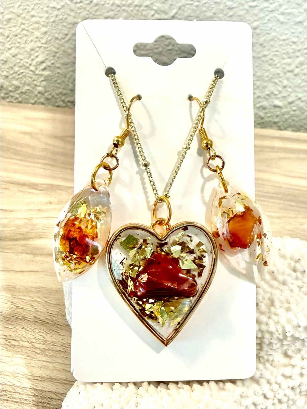 66. Heart Resin Necklace & Earrings Set in Gold with carnelian Accents